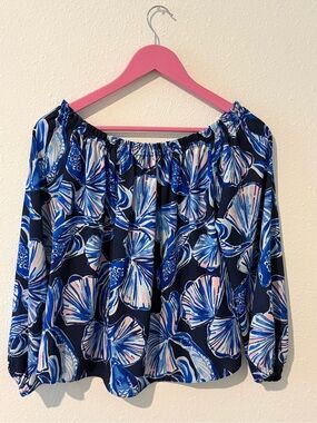 Lilly Pulitzer Womens Shirt  Blue Leaf Lou Lou Off The Shoulder
Size SMALL